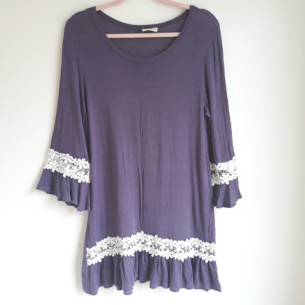 Love Story purple bell sleeve white crochet lace trim jersey knit tunic top